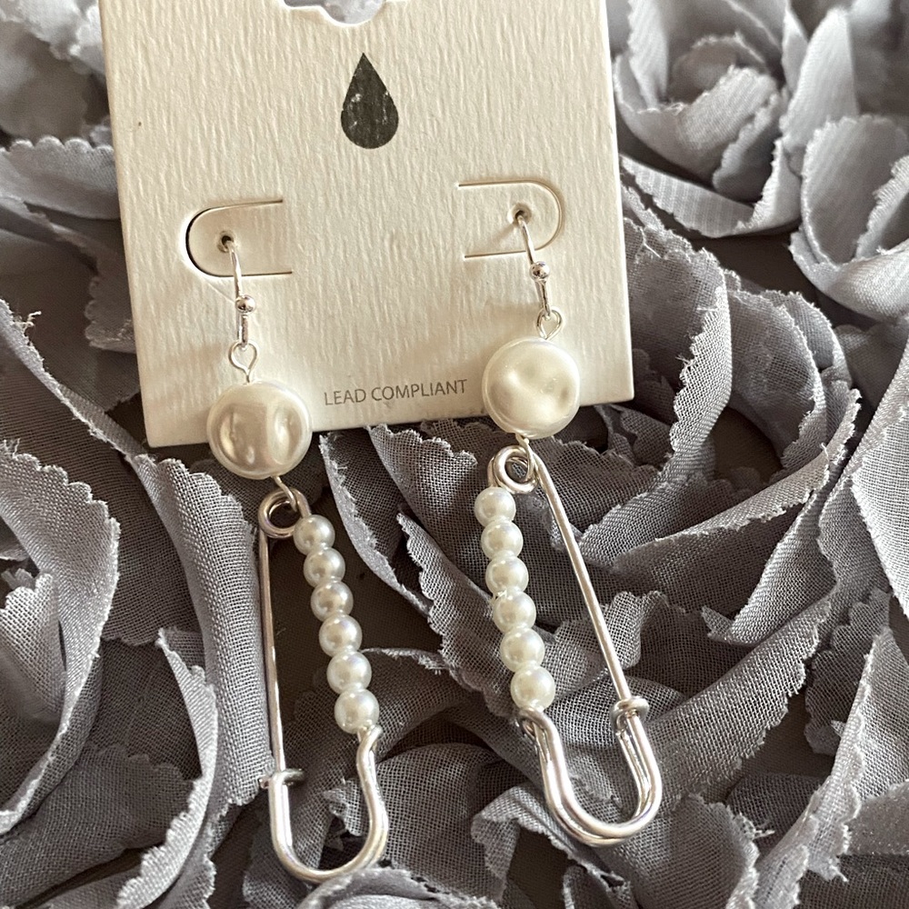 Silver Pearl Safety Pin Teardrop Earrings